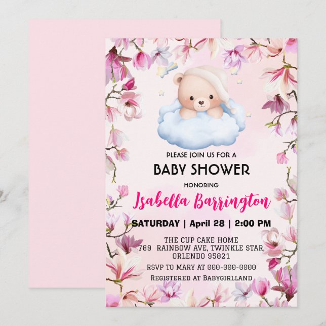 Rosa Cute Bear pyjamas blommor, barn till babydusc Inbjudningar (Fram/baksida)