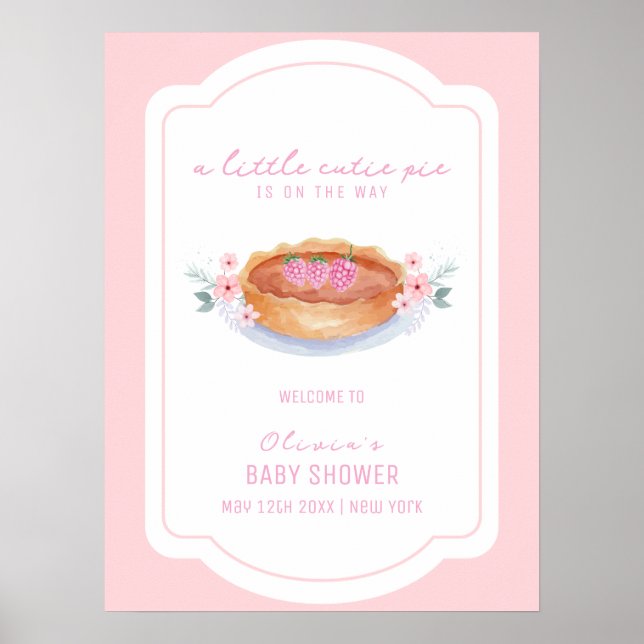 Rosa Cute Blommigt Paj Raspberry Baby Shower Välko Poster (Framsidan)