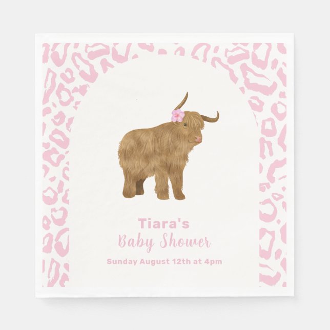 Rosa Cute Boho Heliga Cow Blommigt Girl Baby Showe Pappersservett (Framsidan)