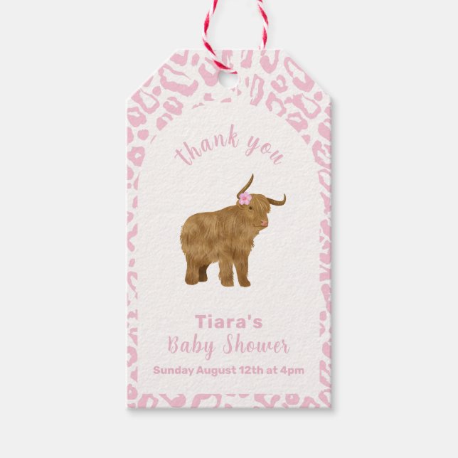 Rosa Cute Boho Heliga Cow Blommigt Girl Baby Showe Presentetikett (Framsidan)