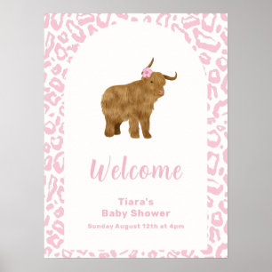 Rosa Cute Boho Heliga Cow Girl Baby Shower Välkomm Poster