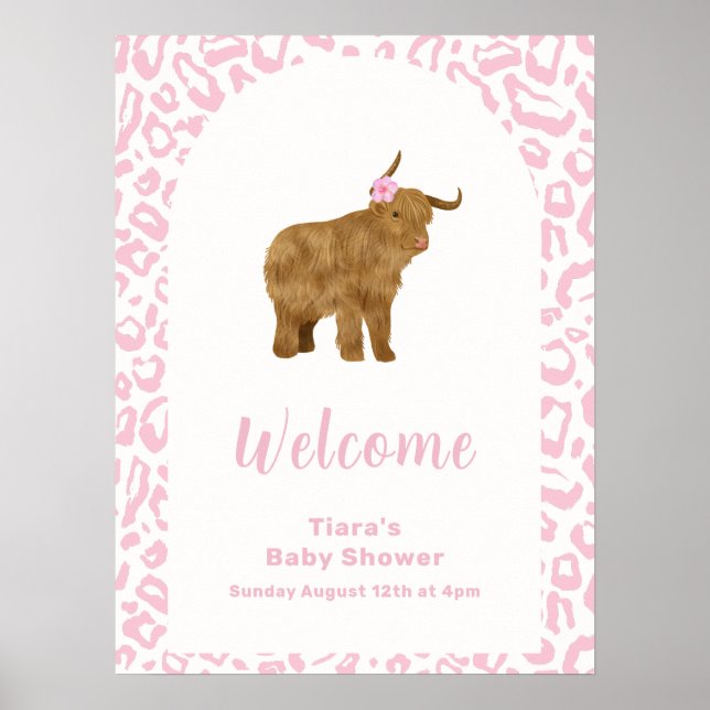 Rosa Cute Boho Heliga Cow Girl Baby Shower Välkomm Poster (Framsidan)