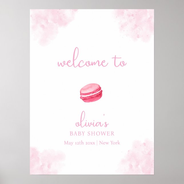 Rosa Cute Bonjour Bébé Macaron Baby Shower Välkomm Poster (Framsidan)