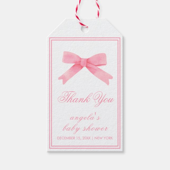 Rosa Cute Bow Girl Baby Shower Presentetikett (Framsidan)