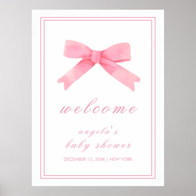 Rosa Cute Bow Girl Baby Shower Välkommen Poster (Framsidan)