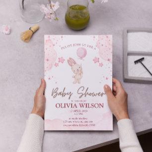 Rosa Cute Bunny Watercolor Baby Shower Inbjudningar