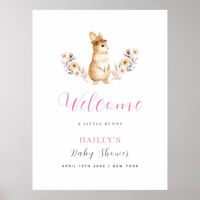 Rosa Cute Bunny WildblomVälkomstbabyskor för  Poster (Framsidan)