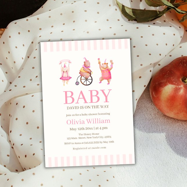 Rosa Cute Circus Carnival Nalle Baby Shower Inbjudningar (Pink Cute Circus Carnival Teddy Bear Baby Shower Invitation)