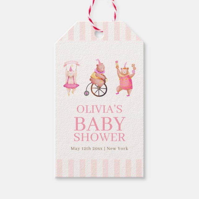Rosa Cute Circus Carnival Nalle Baby Shower Presentetikett (Framsidan)