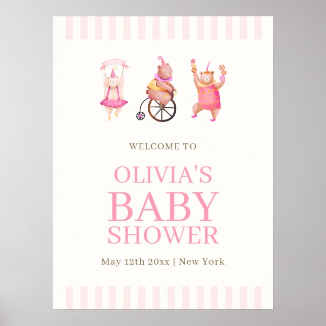 Rosa Cute Circus Nalle Baby Shower Välkommen Poster (Framsidan)