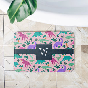 Rosa Cute Colorful Dinosaur Mönster Kid Monogram Badrumsmatta