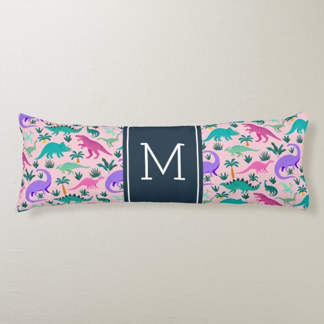 Rosa | Cute Colorful Dinosaur Mönster Kid Monogram Kroppskudde (Framsidan)