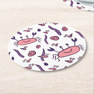 Rosa Cute Crab Sea Animal Mönster Kids Underlägg Papper Rund