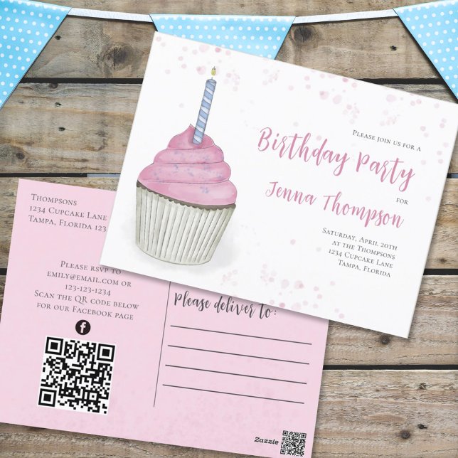 Rosa Cute Cupkaka QR Code Social Media Whimsique Vykort (Skapare uppladdad)
