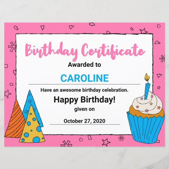 Rosa Cute Cuptårta Clipart Birthday Certificate (Framsida)