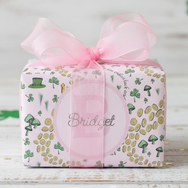 Rosa, Cute & Curvy St. Patrick's Day Tissue Paper Presentpapper (Girly Pink St Patrick's Day Kids Birthday Wrapping Paper for Her. Cute Irish Pattern and Monogram)