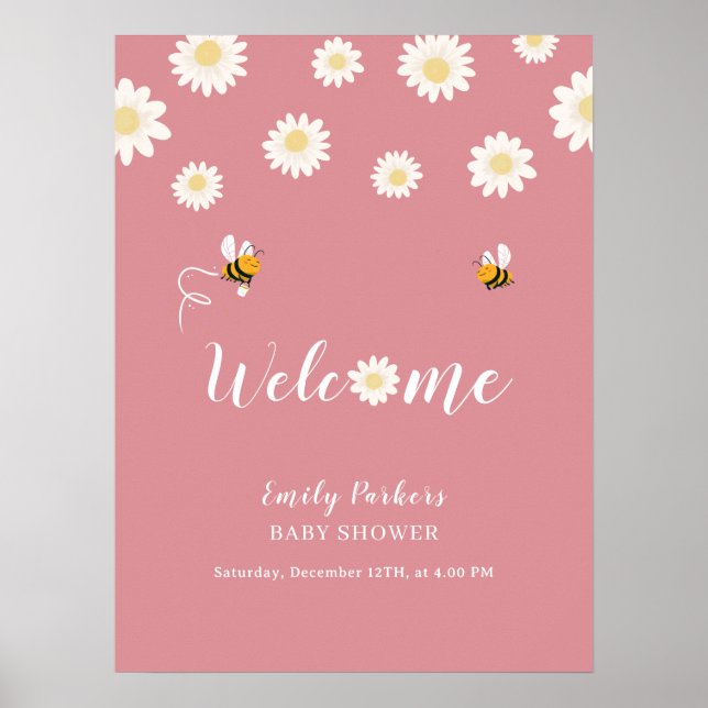 Rosa Cute Daisy Bloom Baby Shower Välkomsttecken Poster (Framsidan)