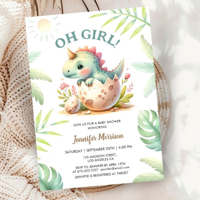 Rosa Cute Dino Girl Dinosaur Baby Shower Inbjudningar (Skapare uppladdad)