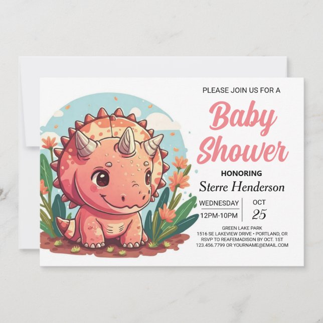 Rosa Cute Dinosaur Girl Baby Shower Inbjudningar (Framsida)