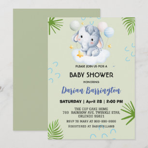 Rosa Cute elephant unge blommor, babyduschbarn Inbjudningar