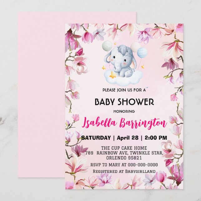 Rosa Cute elephant unge blommor, babyduschbarn Inbjudningar (Fram/baksida)