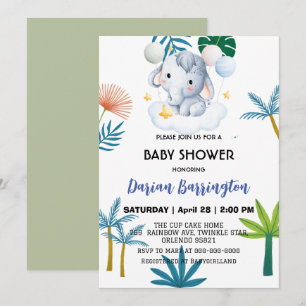 Rosa Cute elephant unge blommor, babyduschbarn Inbjudningar