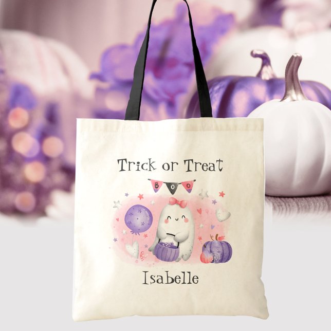 Rosa Cute Ghost Bus eller godis Halloween Namn Tygkasse (Cute Little Boo Pink Trick or Treat Halloween Tote Bag)