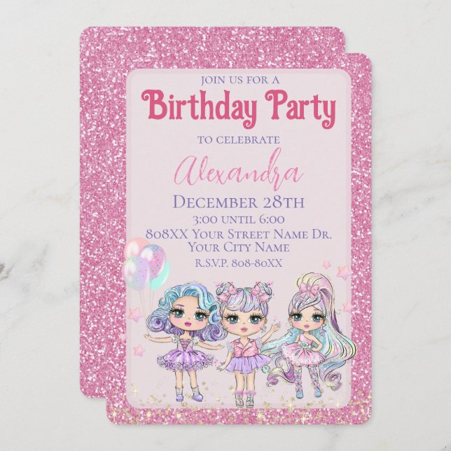 Rosa Cute Glitter Dolls Girl Födelsedagsfest Inbjudningar (Fram/baksida)