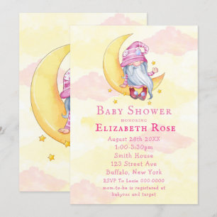 Rosa Cute Gnome Måne Cloud Baby Shower-inbjudninga