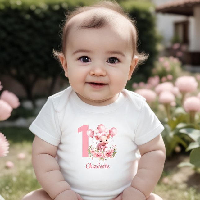 Rosa Cute Gris Girl Farm 1:a födelsedagen Baby Bod T Shirt (Pink Cute Pig Girl Farm 1st Birthday Baby Bodysuit)