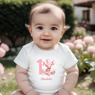 Rosa Cute Gris Girl Farm 1:a födelsedagen Baby Bod T Shirt