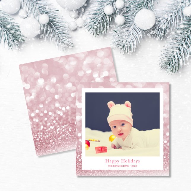 Rosa Cute Helgdag Baby Photo Julkort (Baby Girl’s First Christmas Square Photo Card)