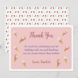 Rosa Cute Ice Cream Cone Party Girl Birthday Tack Kort