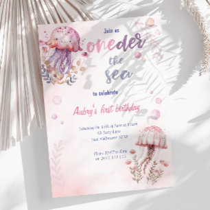 Rosa Cute Jellyfish Oneder Sea 1:a födelsedagen Inbjudningar
