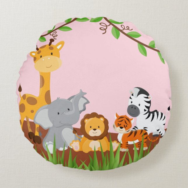 Rosa Cute Jungle Baby djur Round Pillow Rund Kudde (Framsidan)