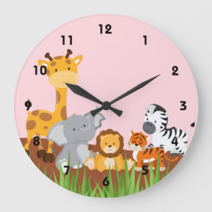 Rosa Cute Jungle Baby djur Wall Clocks Stor Klocka