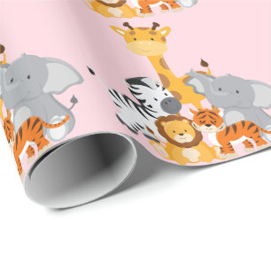 Rosa Cute Jungle Baby djur Wrapping Papprare Presentpapper