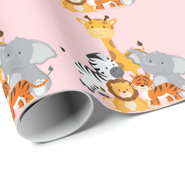 Rosa Cute Jungle Baby djur Wrapping Papprare Presentpapper (Rullad Hörn)