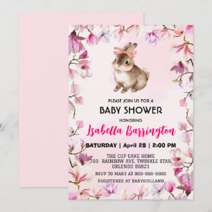 Rosa Cute-kanin, blommor, babyduschflickor Inbjudningar