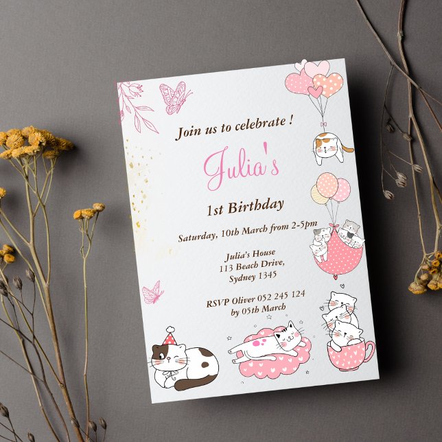 Rosa Cute-katter 1 år Inbjudningar (Skapare uppladdad)
