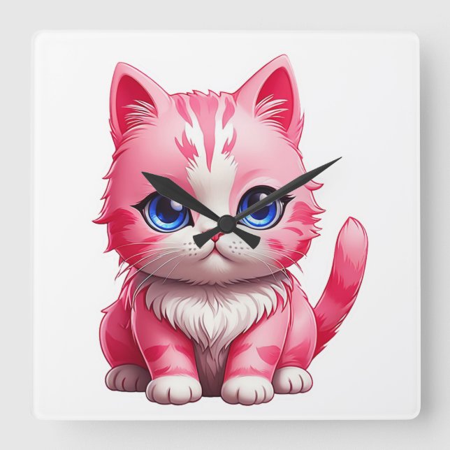 Rosa Cute Kattunge Fyrkantig Klocka (Framsida)