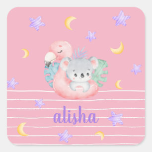Rosa Cute Koala Kids Personlig Namn Fyrkantigt Klistermärke