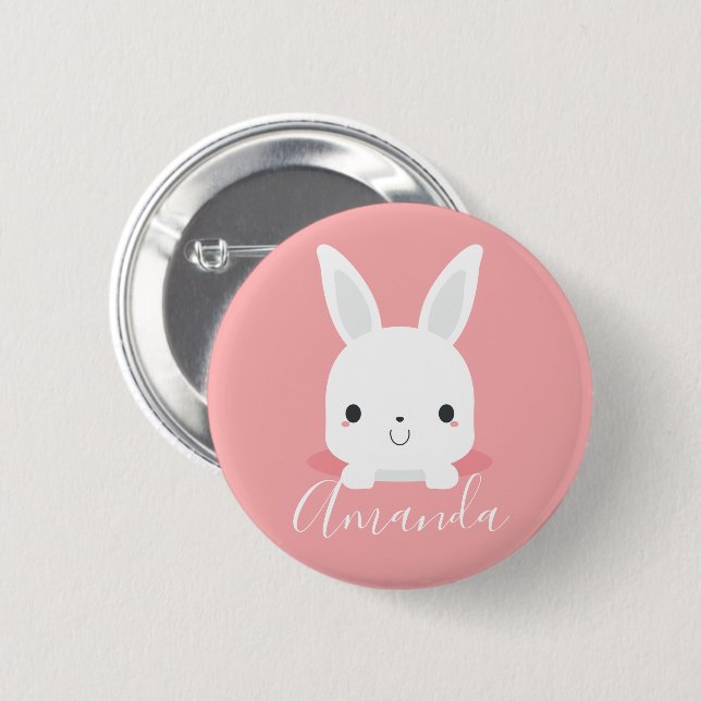 Rosa Cute Little Bunny Rabbit med eget namn Knapp (Framsida & baksida)