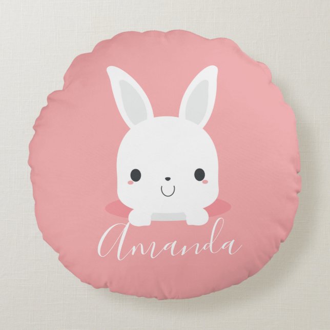 Rosa Cute Little Bunny Rabbit med eget namn Rund Kudde (Framsidan)