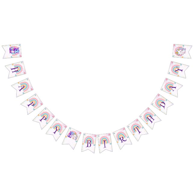 Rosa Cute Magic Unicorn dinosaurs Födelsedagsfest Vimplar (Alla)