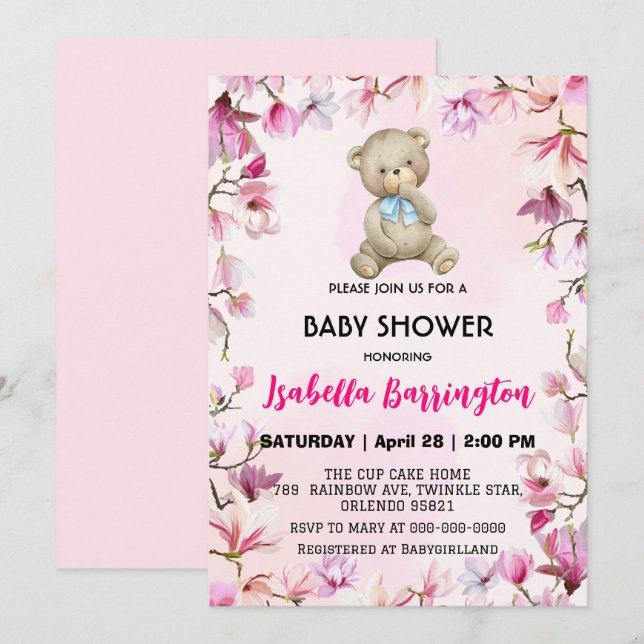 Rosa Cute nalle boyblommor babyduschbarn Inbjudningar (Fram/baksida)