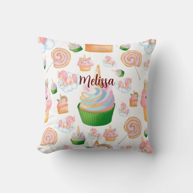 Rosa Cute Namn Personlig Cupkaka Unicorn Kudde (Framsida)