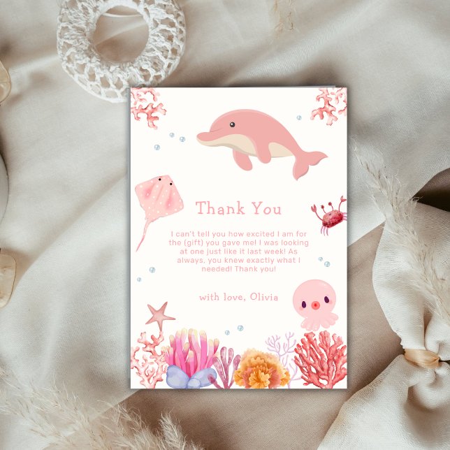 Rosa Cute Ocean Dolphin Girl Baby Shower Tack Kort (Pink Cute Ocean Dolphin Girl Baby Shower Thank You Card)