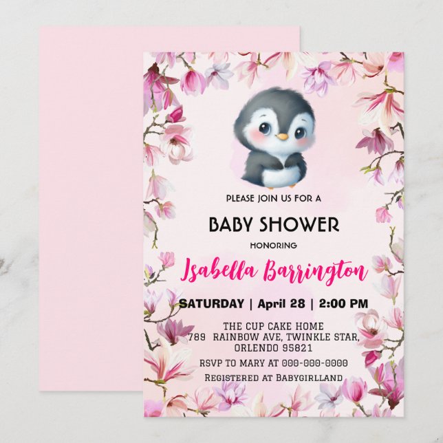 Rosa Cute penguin, babyduschbarn med söt blomma Inbjudningar (Fram/baksida)