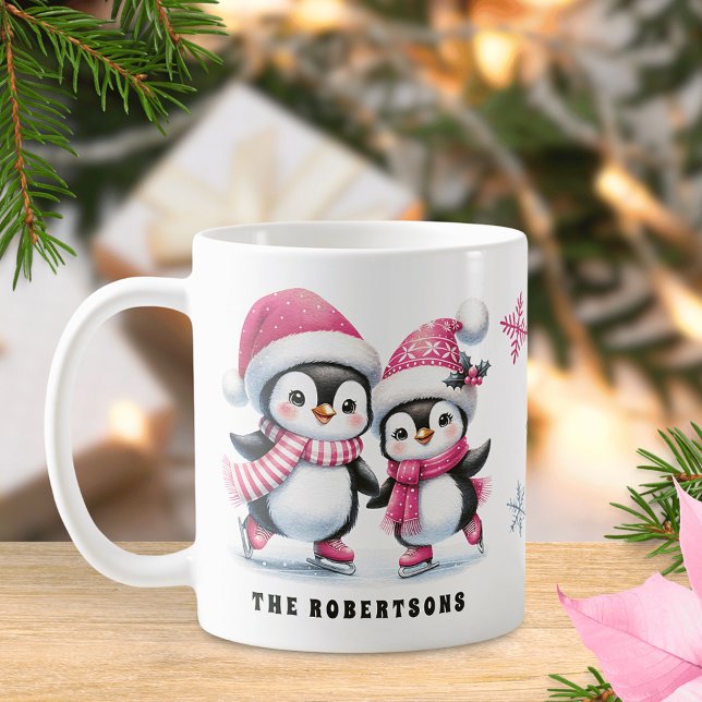 Rosa Cute Penguins Ice Skal Familjejul Kaffemugg (Skapare uppladdad)
